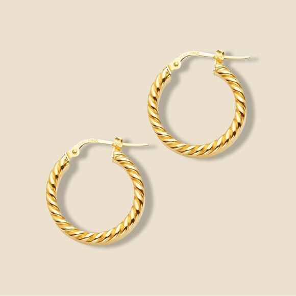 14k Yellow Gold 5mm Braided Hoop Earrings (20 x 20 mm) | Real Gold Huggies | - Picture 1 of 6